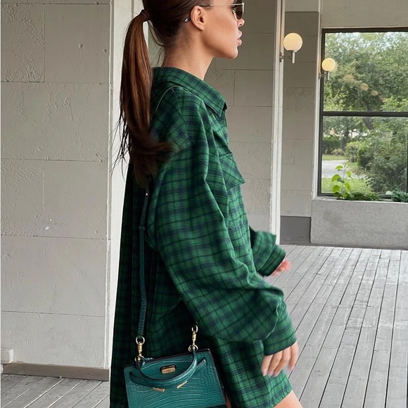NOT IN LIVE SHOW Oversized green Plaid Flannel button Influencer long sleeve 90s - Picture 4 of 10